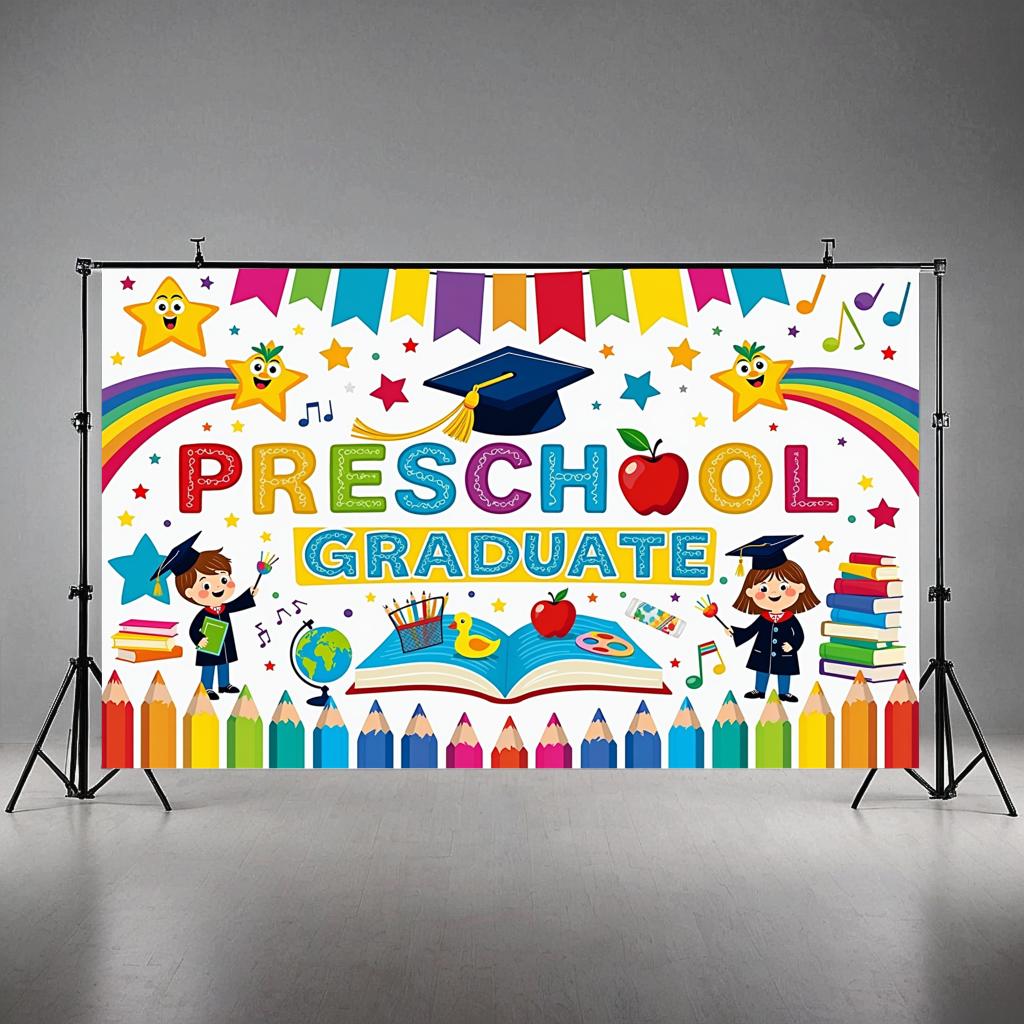 Colorful Preschool Graduation Banner Cartoon Printed Backdrop Educational Theme Kids Ceremony Party Photography Background Props