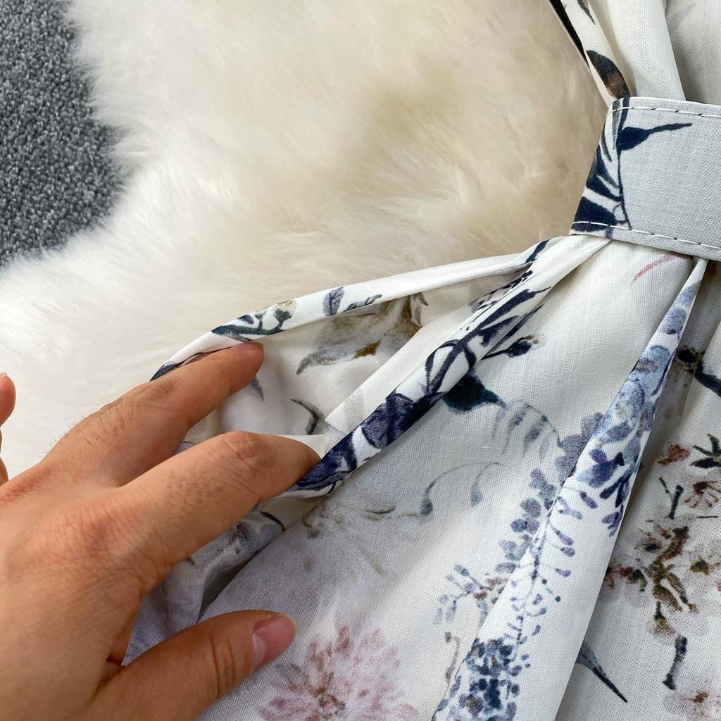 Sommer Damen Casual Kurzarm Umlegekragen Einreiher Lang Midi Print Partykleider mit Gürtel