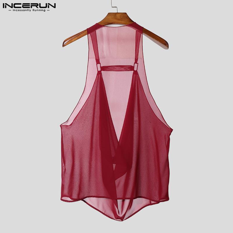 INCERUN Ανδρικά Αμάνικα Διάφανα Διχτυωτά Τοπ Τανκ με Λουράκια και Κολάρο Ζιβάγκο για Πάρτι και Κλαμπ