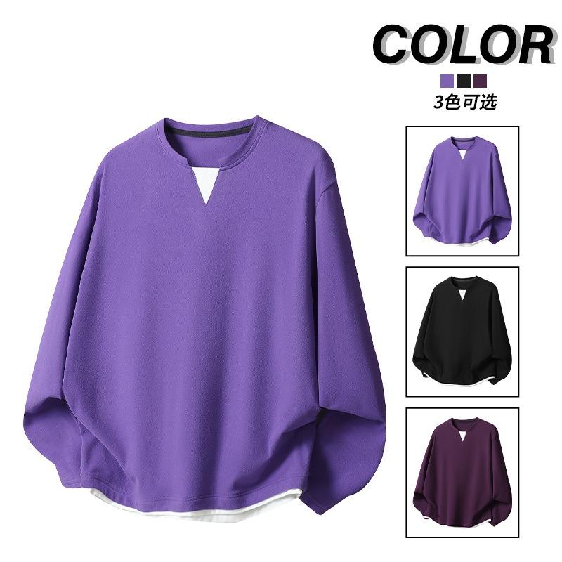Casual Fake Two-piece Long-sleeved T-shirt for Men In Autumn Winter Loose Simple Double Layer