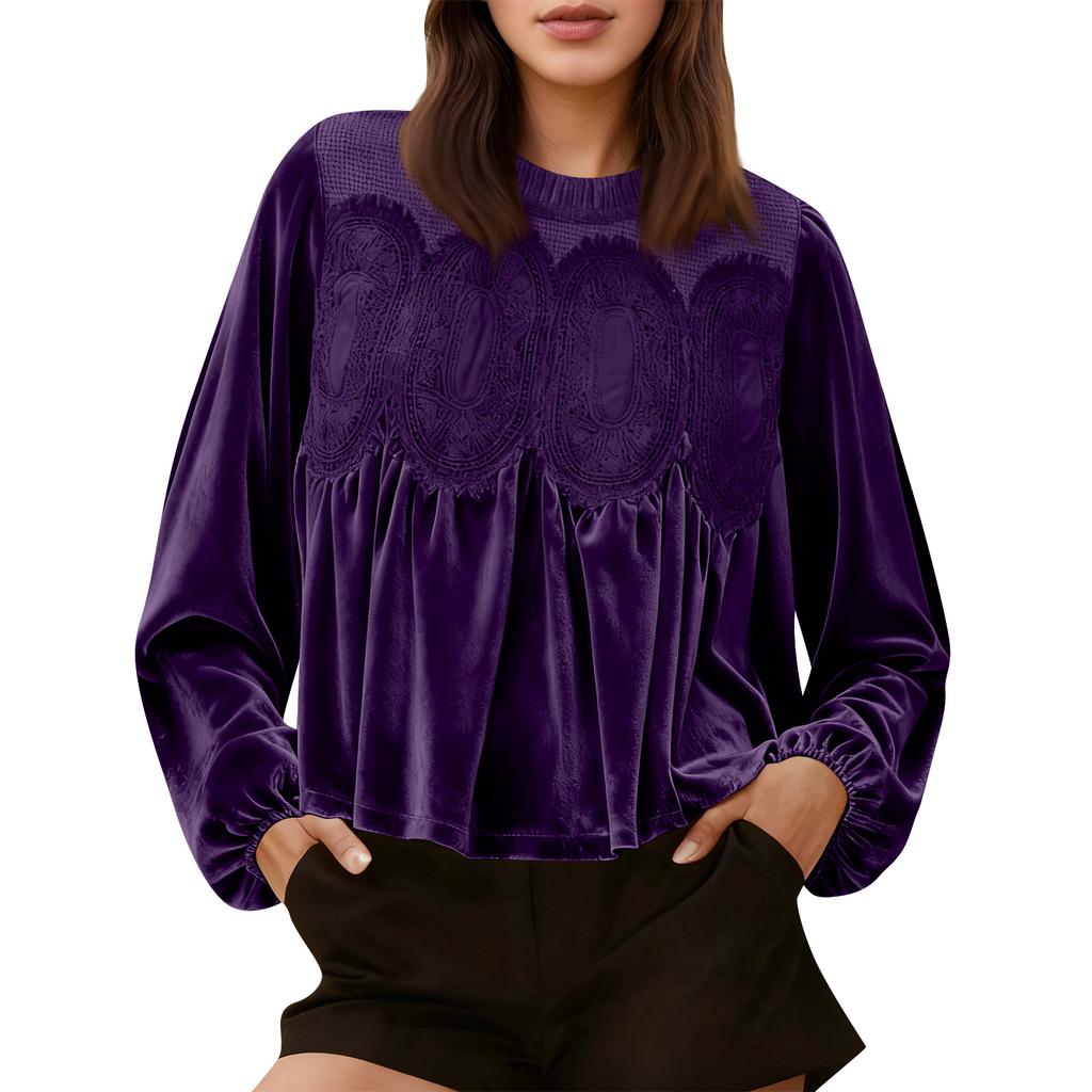 Loose-fitting, Slimming Mid-length Long-sleeved Solid Color Top With Mesh And Velvet Splicing