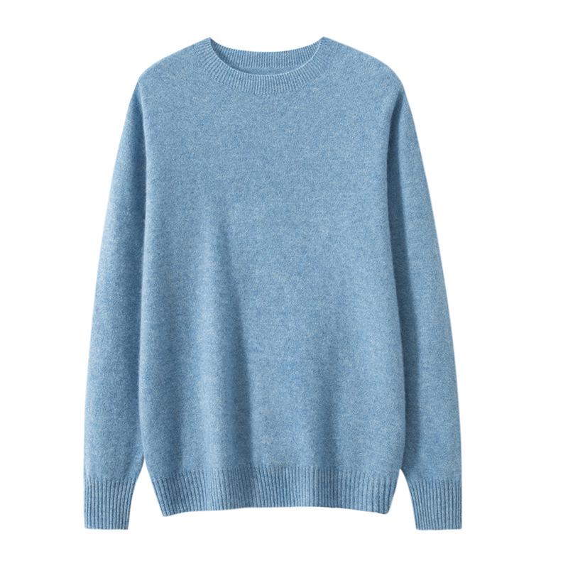 Men's Pure Cashmere Round Neck Sweater: Thick, Loose-Fit, Solid Color Knit for Autumn and Winter.
