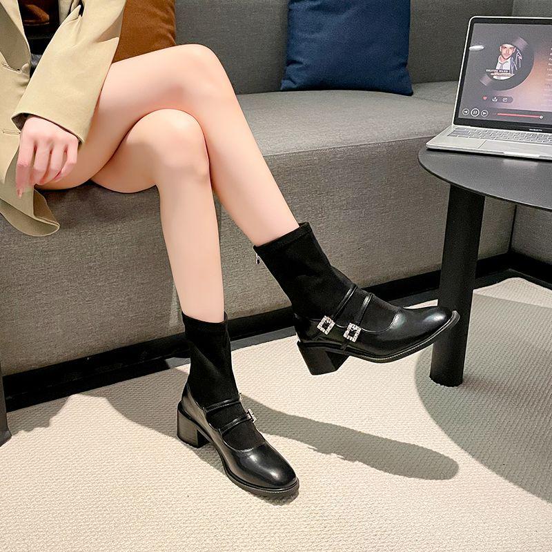 

Elastic French Rhinestone Knitted Ankle Boots: Women s 2025 Skinny Chunky High Heel Mary Jane Sock Style. 34