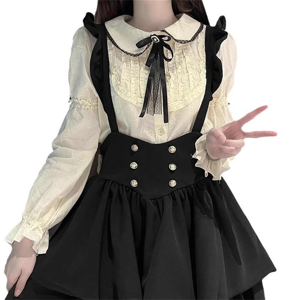 KEWJYUE Plus Size Set of featuring a shirt and blouse with a bow and suspender This outfit is perfect for school Women's 2, long-sleeved skirt.