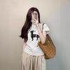 Cotton Printed Short-sleeved T-shirt Women's Summer New Front Shoulder Slim-fitting and Thin Spice Girl Crew Neck Top High-end Sense