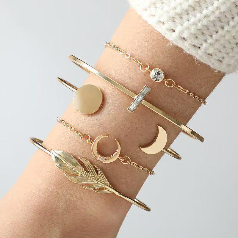 European & American Style Rhinestone Feather & Geometric Crescent Round Bracelet Set - 5 Pieces