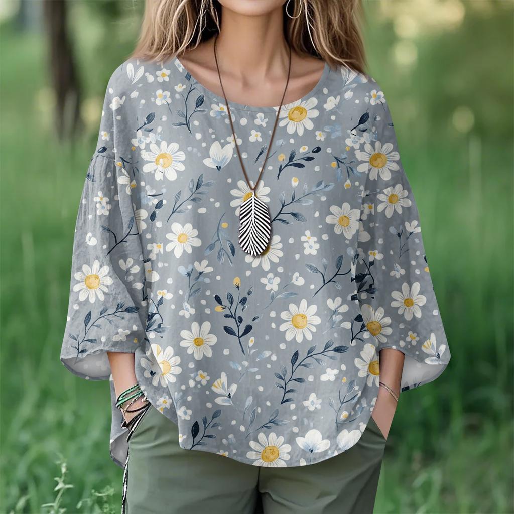 Summer Tops For Women Cute O Neck 3/4 Sleeve Blouses Floral Print Top Casual Shirts