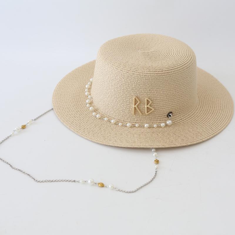 Neue Damen Sommerhüte Stroh-Sonnenhut Panama Elegante Stroh-Fedora-Hüte Damen Mädchen Outdoor-Urlaub mit Perlenkette Sonnenschutz Strandhut