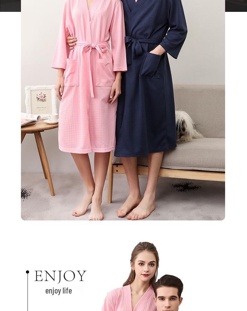 Spring-Summer Waffle Bathrobe: Unisex, Lightweight, 3/4 Sleeves, Korean Style, Absorbent