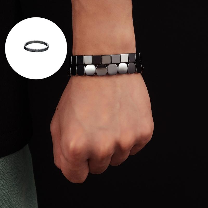 Elastic Hematite Bead Bracelet Square Pattern Natural Black Stone Wristband Comfortable Unisex Wear Daily Accessory