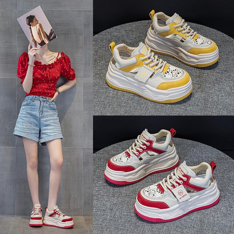 2526 Leather Casual Shoes Women's New Summer New Lightweight Thick-soled Heightening Sports Shoes Color Matching Breathable Board
