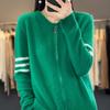 Women's Wool Round Neck Cardigan Spring and Autumn Casual Loose Zipper Knitted Color Block Long-sleeved Wool Jacket Top