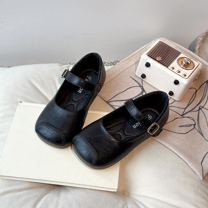 

Kids Flat Shoes Retro Soild Color Girls Leather Shoes Soft Sole 2025 Spring Autumn Children Princess Shoes Casual Non-slip Ins 23 чёрный