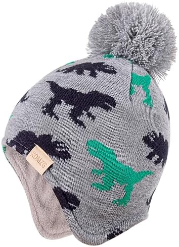 Beanie Knit Hats for Toddlers Kids Dinosaur Pattern Imitate Animal Style Earflap Fleece Lined Thick Winter Warm Scarf Set
