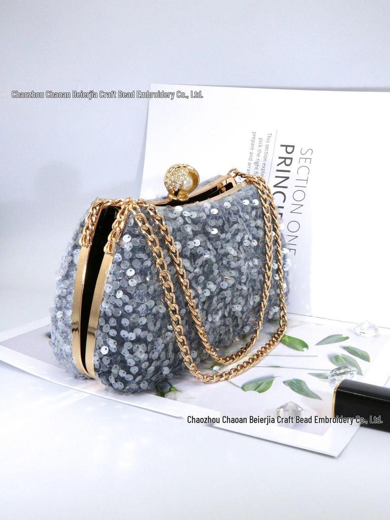 Pearl Sequin Crossbody Bag: Elegant European & American Style, Double Chain, Solid Color, Luxury Shoulder Evening Accessory