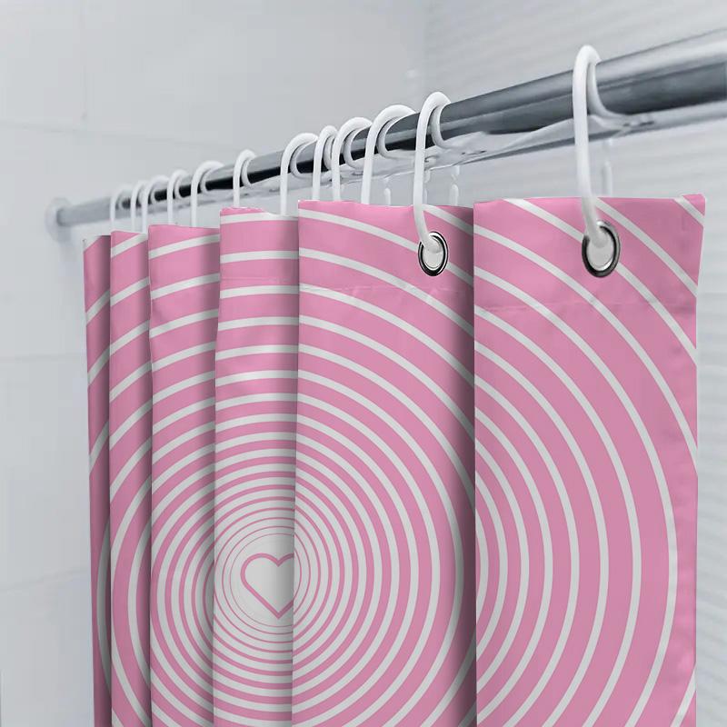 Pink Circular Shower Curtain: Eye-Catching Bathroom Decoration With White Lines Heart Design For Home Decor (Set 48X72) Availabl