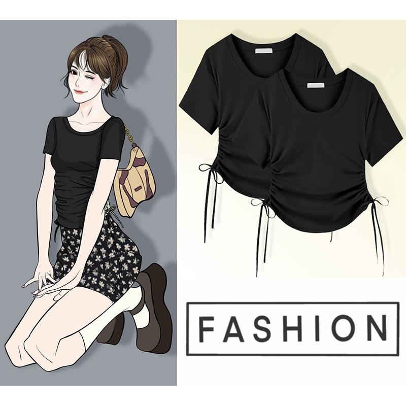 Dámský letní design s krátkým rukávem přes ramena, krátkorukávový výklenkový top Hot Girl Slim se stahováním