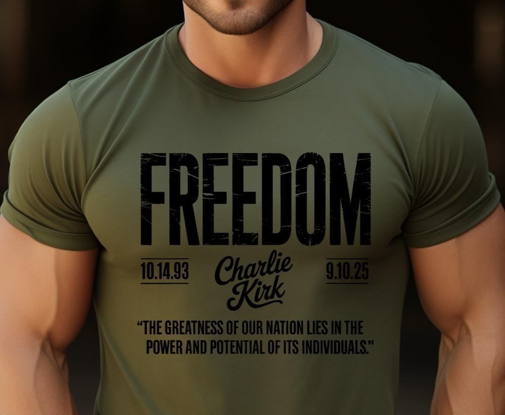 

Charlie Kirk Freedom USA American Flag Patriotic Conservative T Shirt 4XL