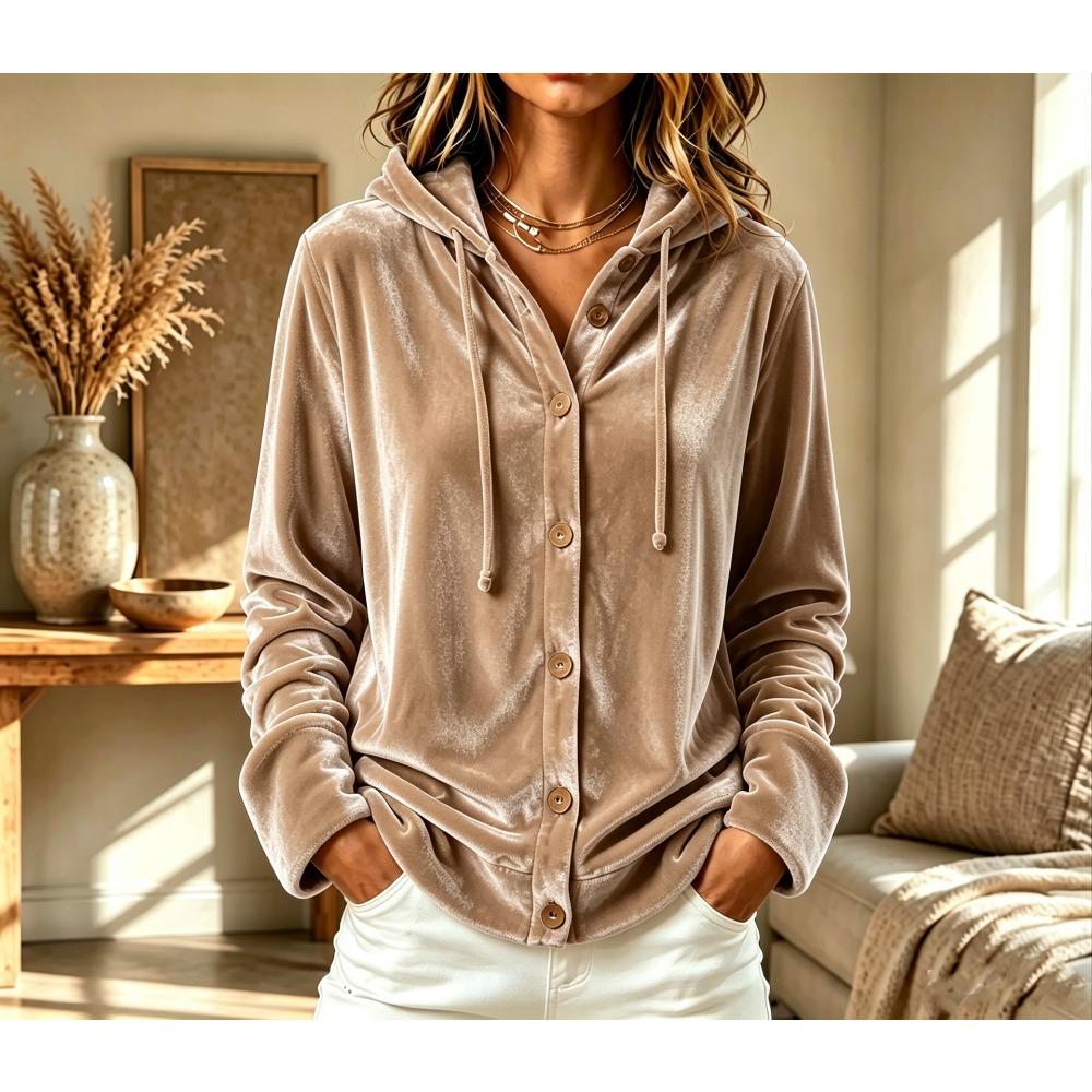 Women Vintage Lazy Style Velvet Hooded Coat, Button Drawstring Loose Oversized Outerwear Jacket S хаки