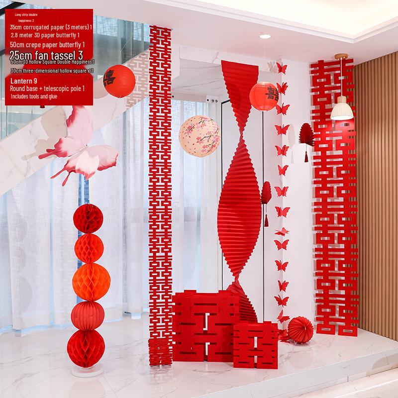 Double Happiness Wedding Room Decor Set: Non-Woven Fabric Papercut for Bride and Groom's Bedroom or Hotel.