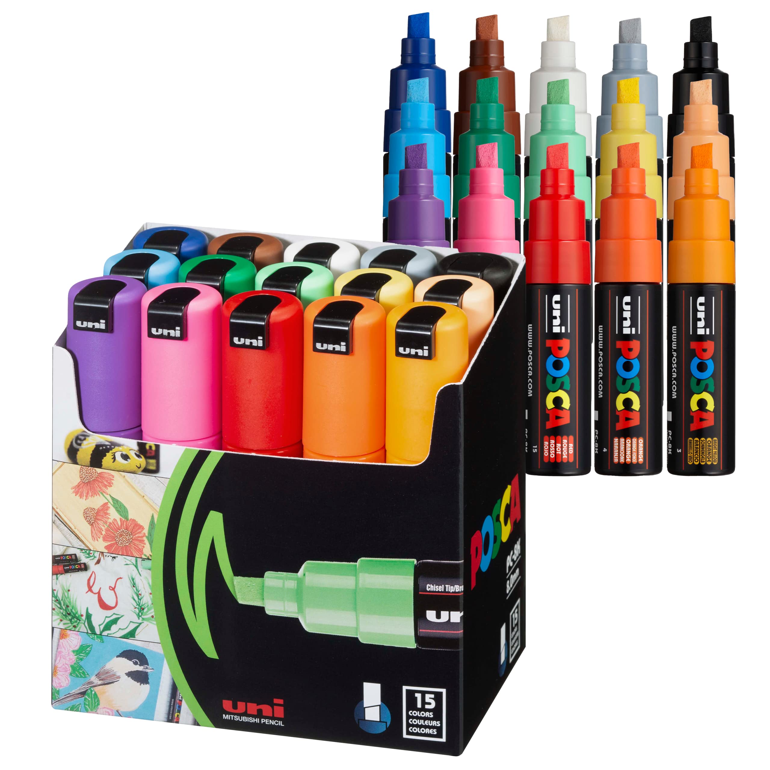 Mitsubishi Pencil Posca Широкий скошенный 15 PC8K15C Водные маркеры, Наконечник, Перо, Цвета,