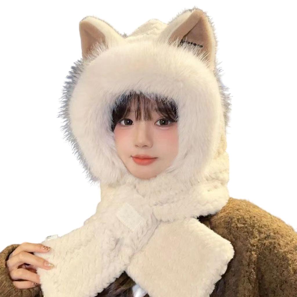 Women's Cute Fleece Thicken Warm Ear Hat Scarf One-Piece Hat