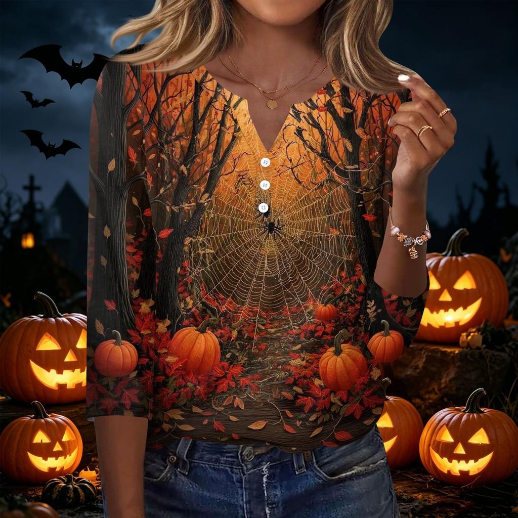 Women Casual Halloween Print V Neck Button Detail Three Quarter Sleeve T Shirt Top Suitable for Seasonal Wear and Everyday Use
