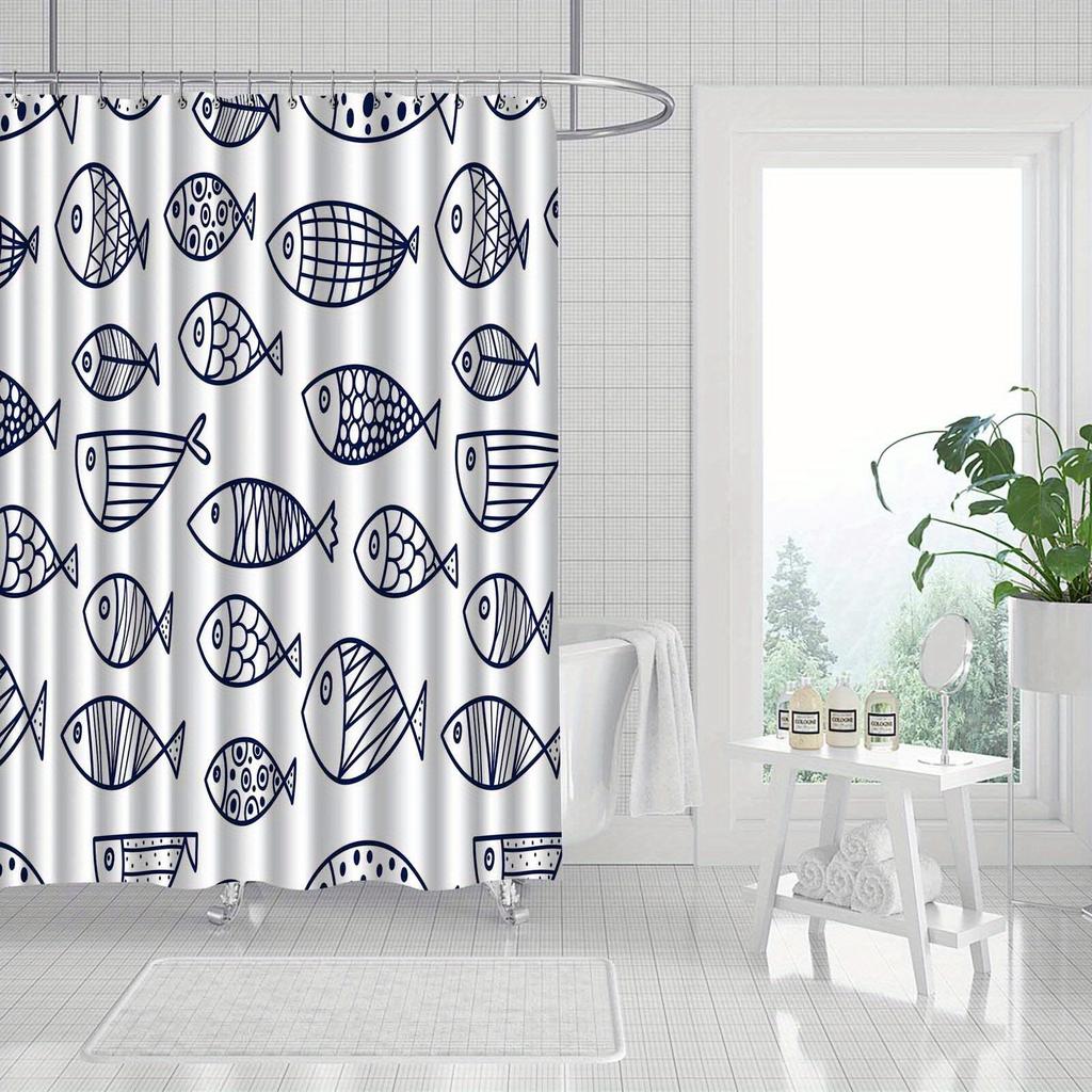 1Pc Minimalist Blue Fish Pattern Shower Curtain, Machine Washable Polyester, Suitable For Bathroom Decor.
