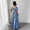 Women's Square Collar Short Sleeve Slim Fit Maxi Dress Floral A-Line Long Dress