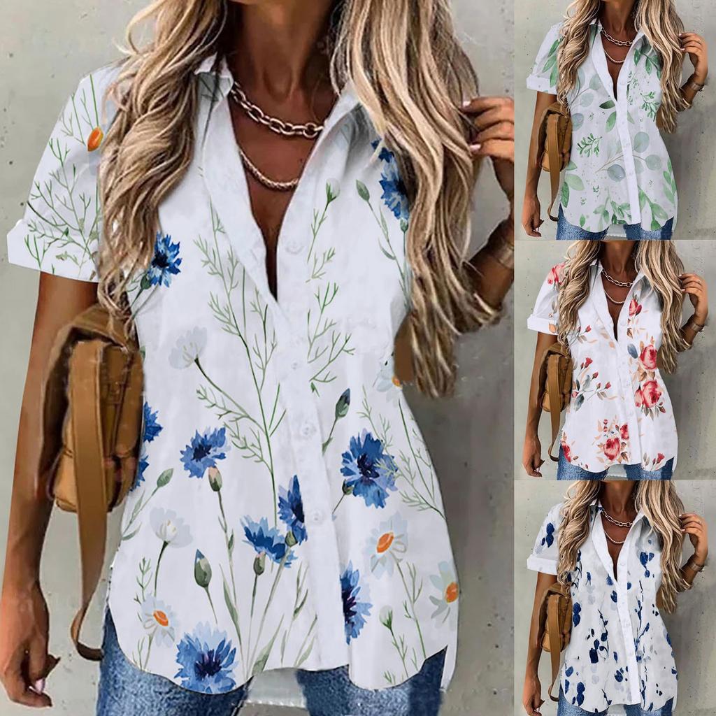 Women's Fashion Casual Summer 2022 Short Sleeve Button Print Tops Blouse