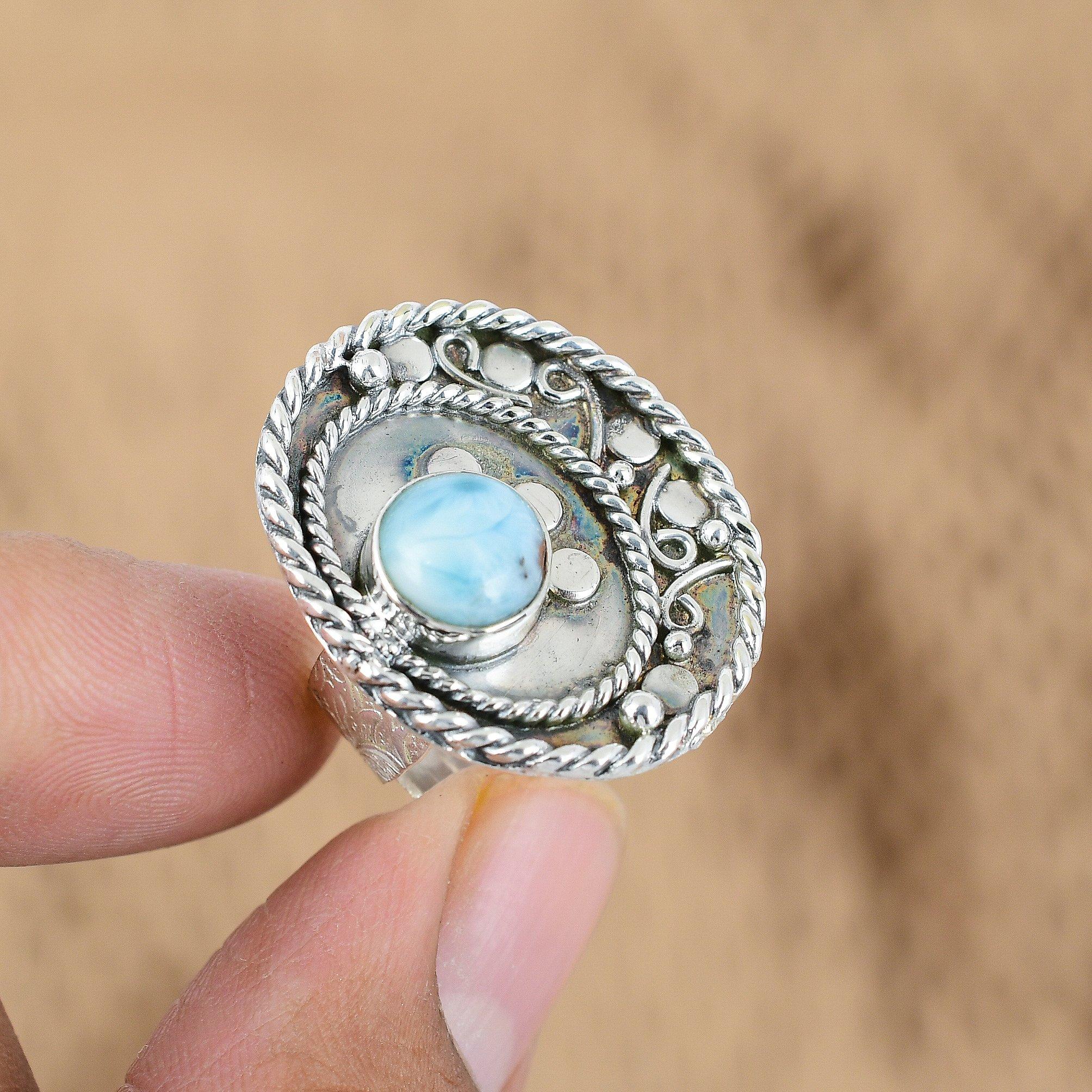 

Round Larimar Gemstone Sterling Silver Trendy Birthday New Promise Ring Jewelry No