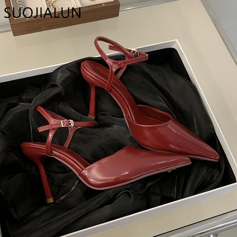 Mode SUOJIALUN 2025 Neue Marke Damen Pumps Schuhe Mode Rote Slingback Schuhe Spitze Zehenpartie Dünner Hoher Absatz Outdoor Kleid Party Pumps