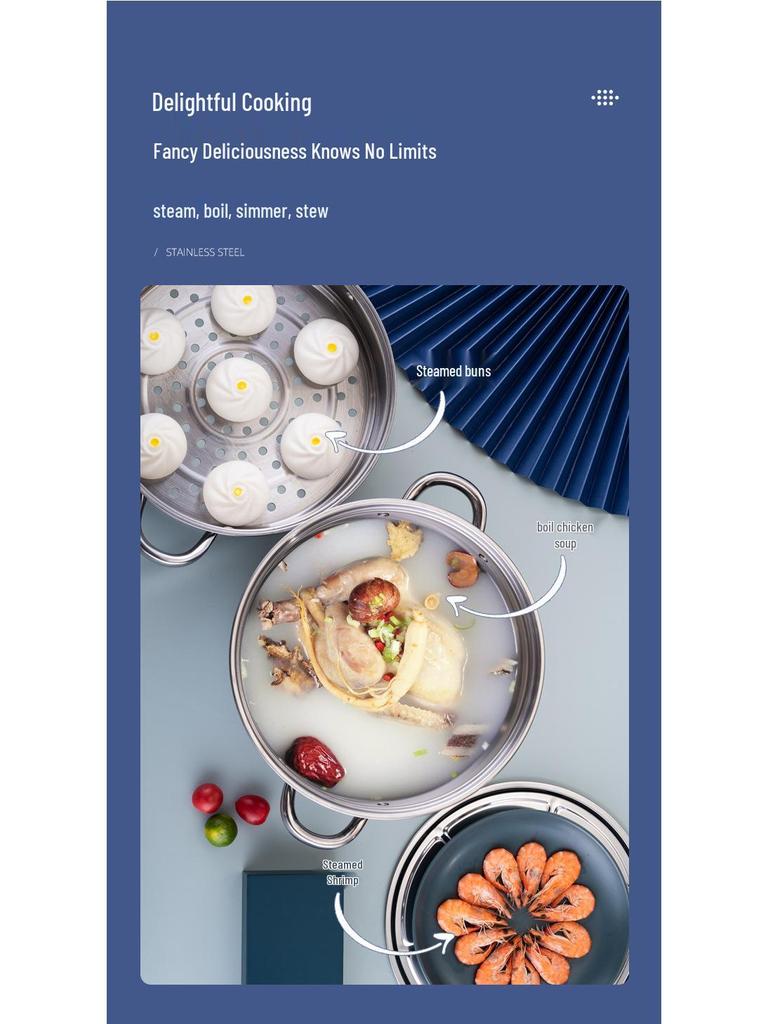 Oală Vapor din Oțel Inoxidabil cu Gratar Dublu - Capacitate Mare pentru Gătit și Aburit, Cadou Ideal pentru Festivalul Mijlociului Toamnei sau Ziua Națională