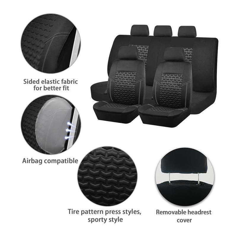 Full Set Car Seat Covers Tire Texture Press Breathable Fabric Seat Covers for Car 3 Zipper for Rear Seat Backrest