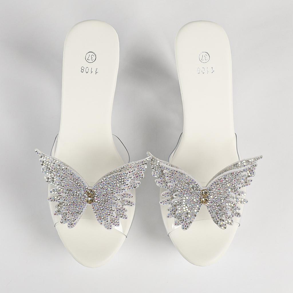 Women's Clear Transparent Platform Slippers, Thick Curved Block Heels, Sparkly Rhinestone Summer Sexy Slip On Sandals