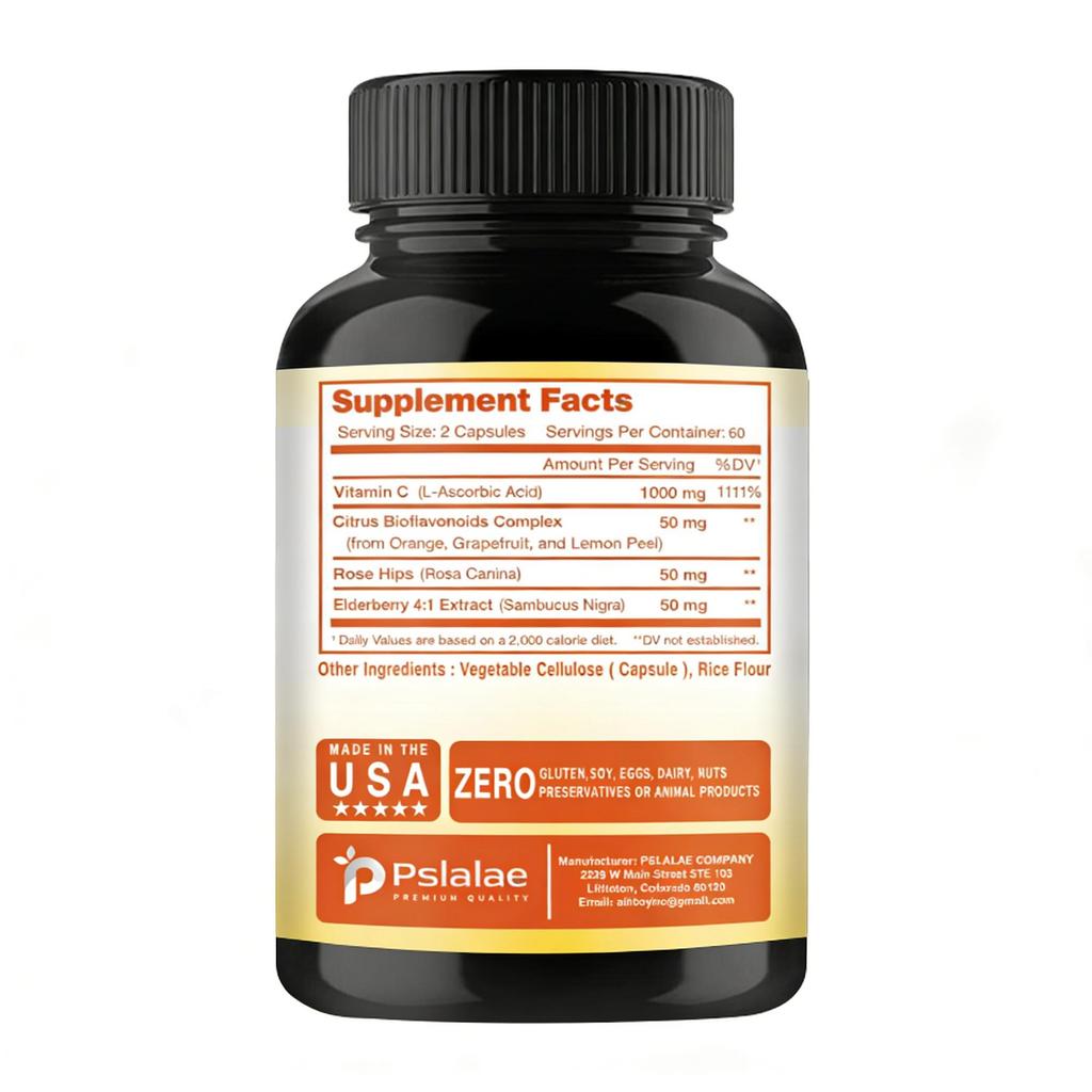 Premium Vitamin C 1000mg with Elderberry, Citrus Bioflavonoids & Rose Hips
