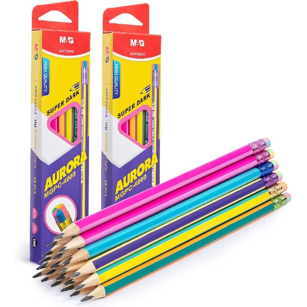 M&G Aurora Series 24 Pack HB Triangular Wood-Cased Pencils, Unsharpened with Erasers, Smooth Writing Break-Resistant Core, 6 Two-Tone Striped Colors
