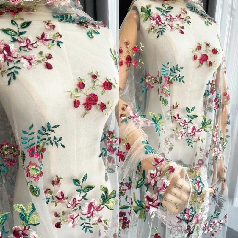 

100x130cm Vintage Floral Embroidered Tulle Lace Fabric, Soft Sheer Mesh Fabric for Designer Dresses Wedding Decor Sewing Cloth 100x130cm абрикосовий