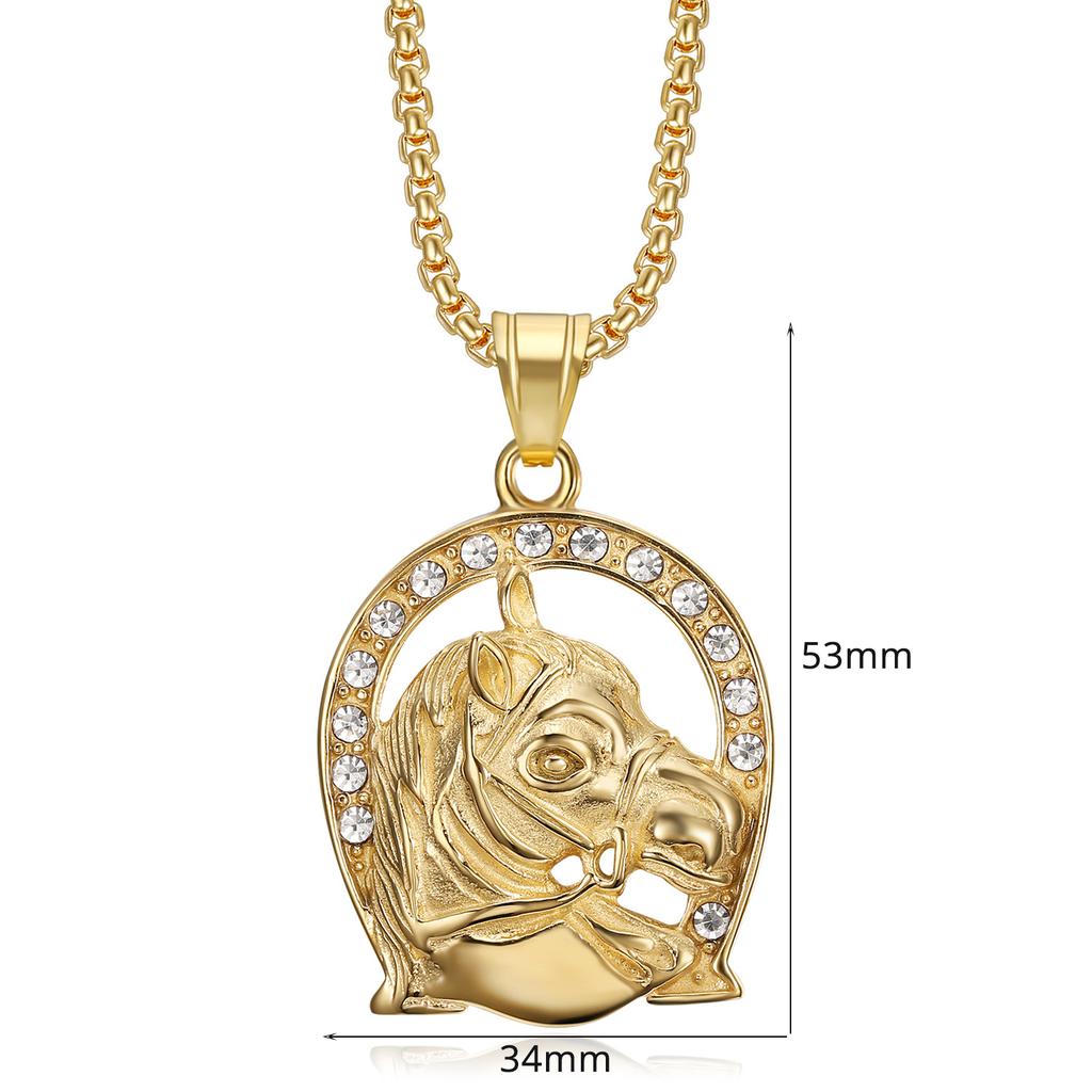 Hip Hop Iced Out Bling Horse Head Pendant Gold Color Stainless Steel Horseshoe Necklace for Men Jockey Club Jewelry Gift 2025