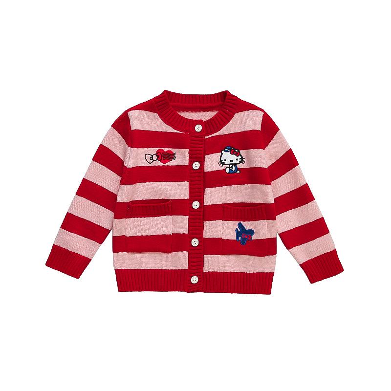 Autumn 2025 Girls' Knitted Cardigan: Cute KT Cartoon Striped Sweater for Baby Girls