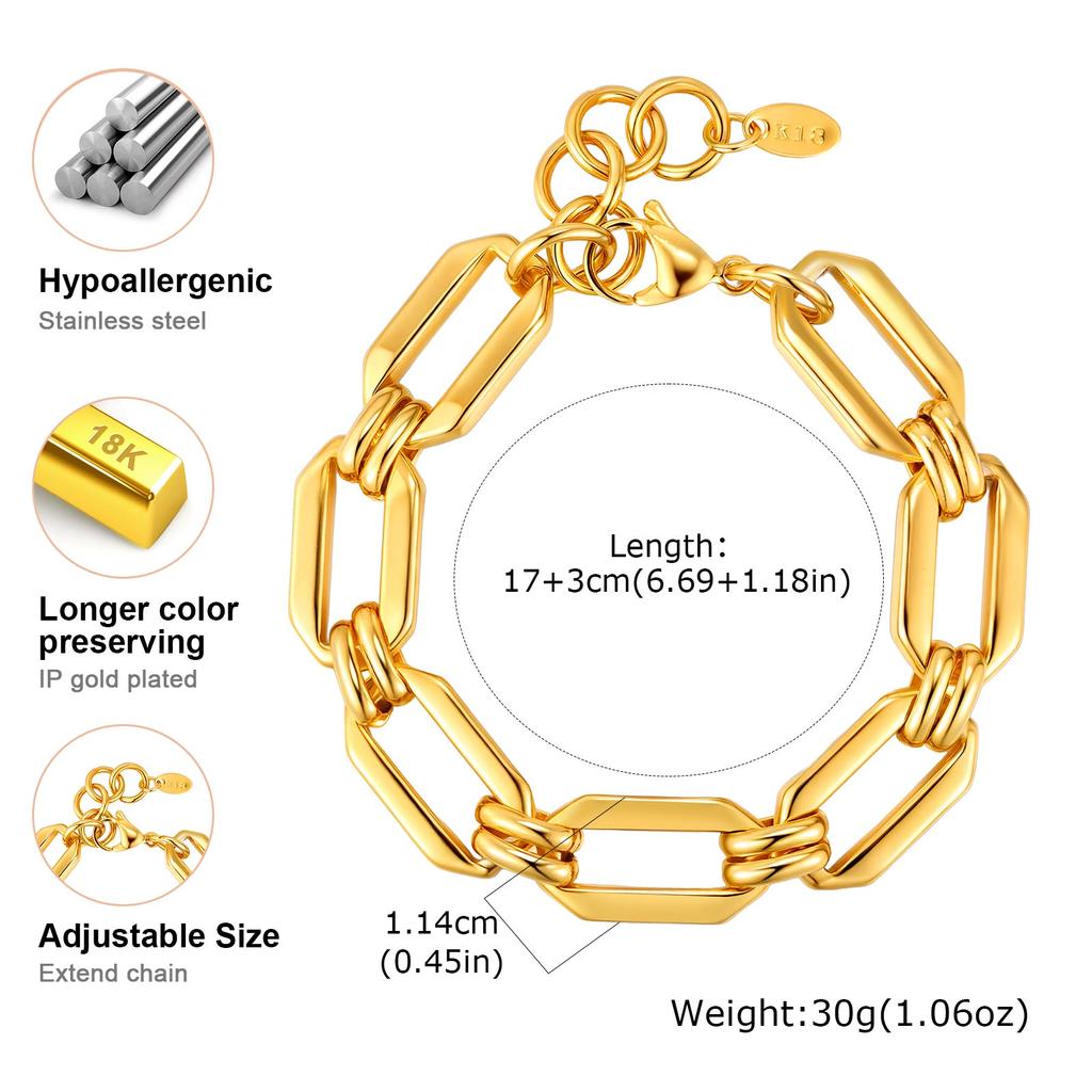 Stainless Steel Chunky Chain Bracelet for Women, Adjustable Geometric Link Wrist Chain Bracelet,  Gold Plated Waterproof Jewelry