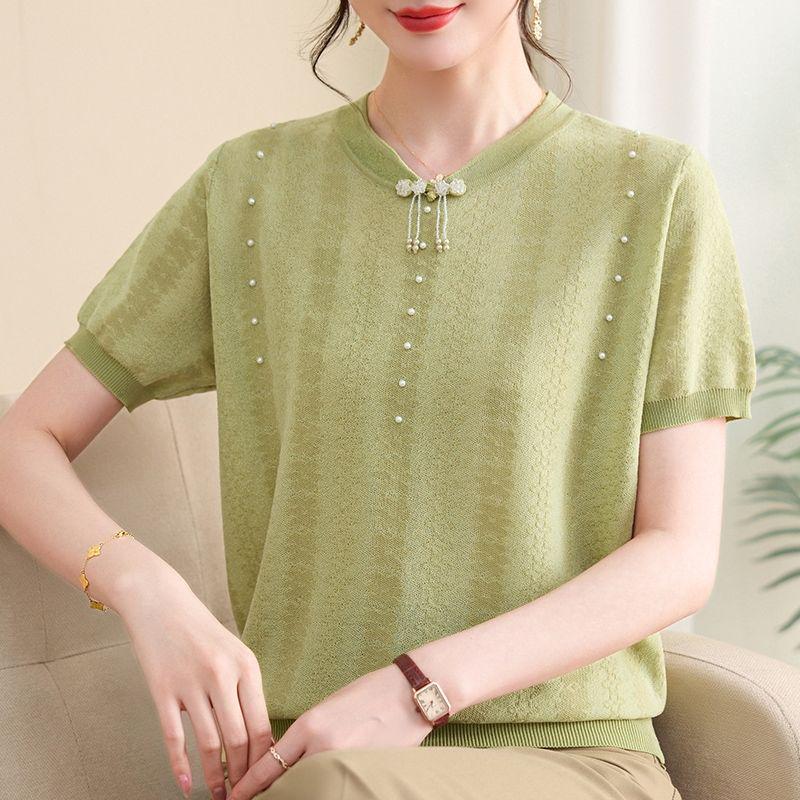 Schickes Sommer-Eis-Seiden-Qipao-Kragen Kurzarm Zweiteiler für mittelalte und ältere Frauen - Strick-T-Shirt-Oberteil in Übergröße