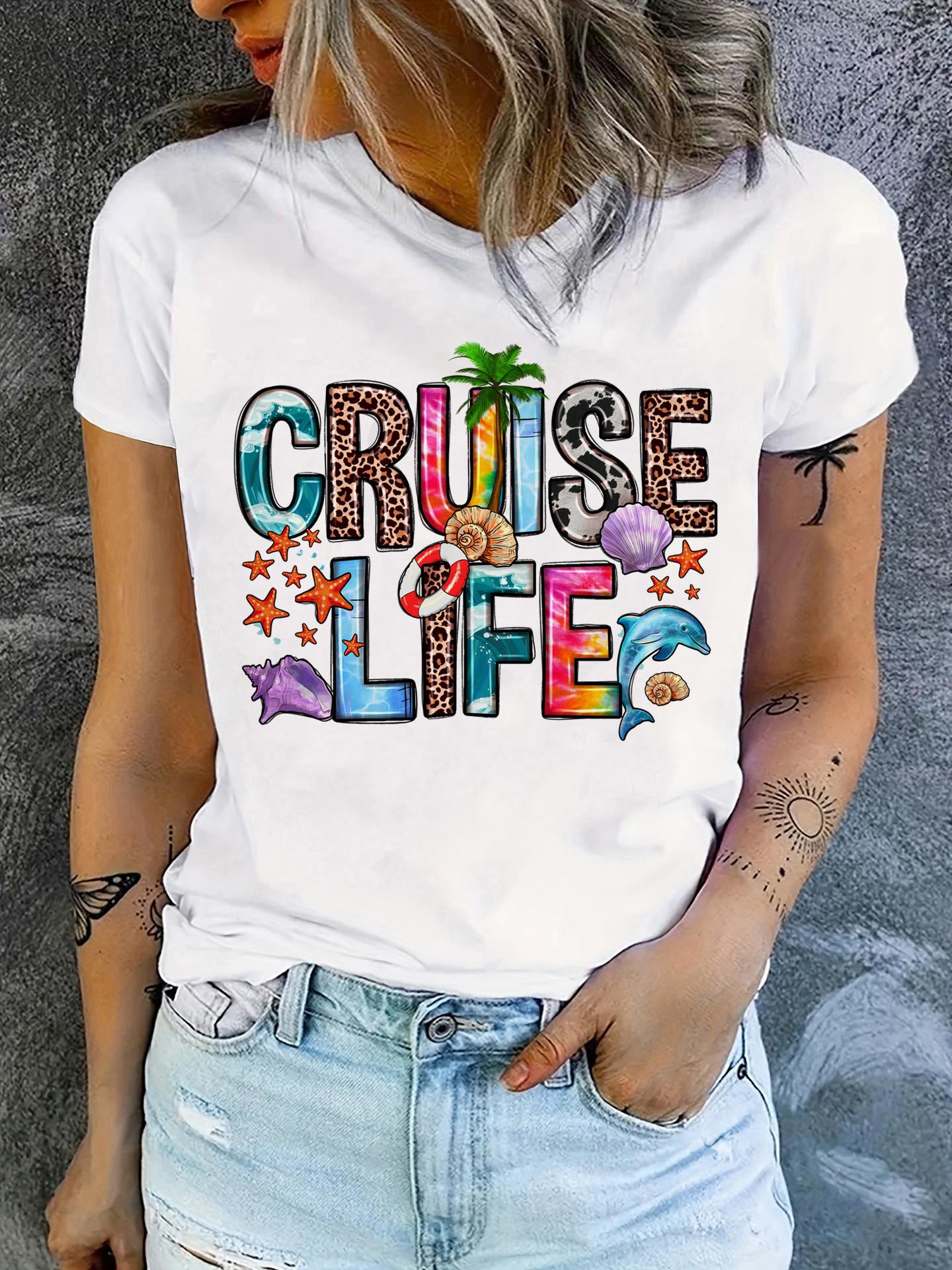 

Cruise Life Letter Print Crew Neck Tshirt Short Sleeve Casual Top for Summer Summer Short Sleeved Harajuku Streetwear Casual 4XL