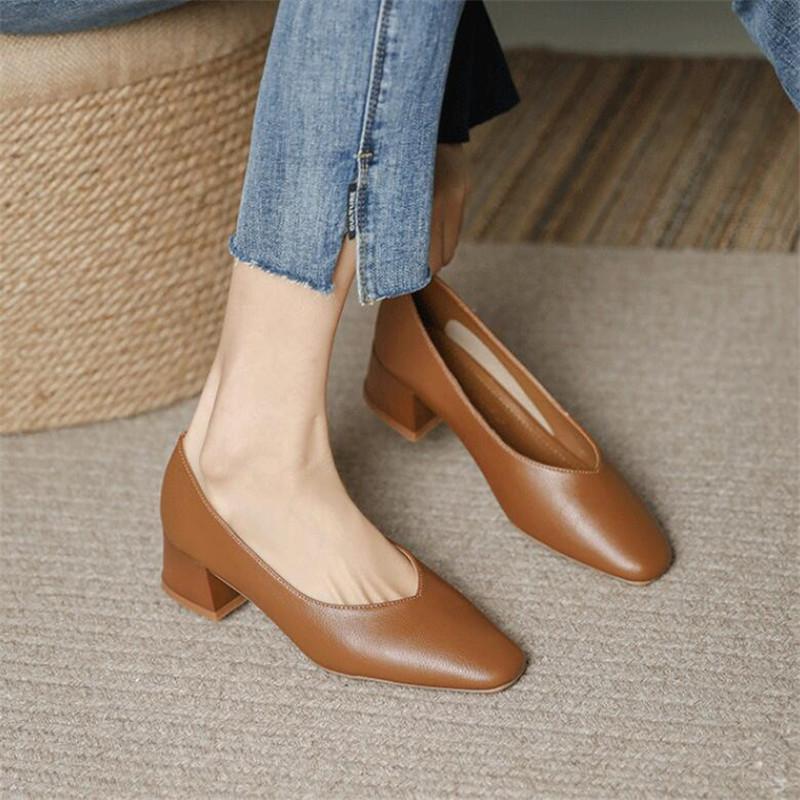 Woman Elegant Summer French Square Toe High Heels Mary Janes Female Retro Casual Shoes Low Heeled Soft Soled Ladies Shoes