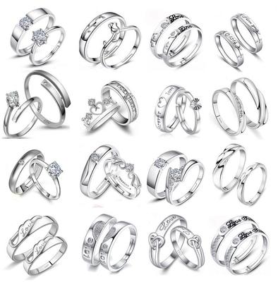 European & American Silver-Plated Zircon Wedding Rings - Korean Style Open Couple Rings for Women
