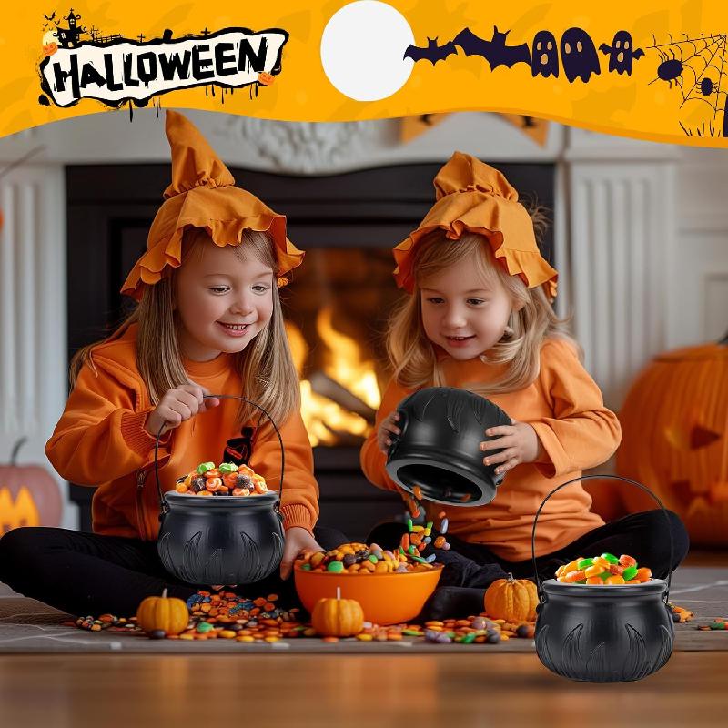 Halloween Decorations Indoor, Halloween Witches Cauldron Candy Serving Bowls On Rack, Black Plastic Cauldron with Skeletons