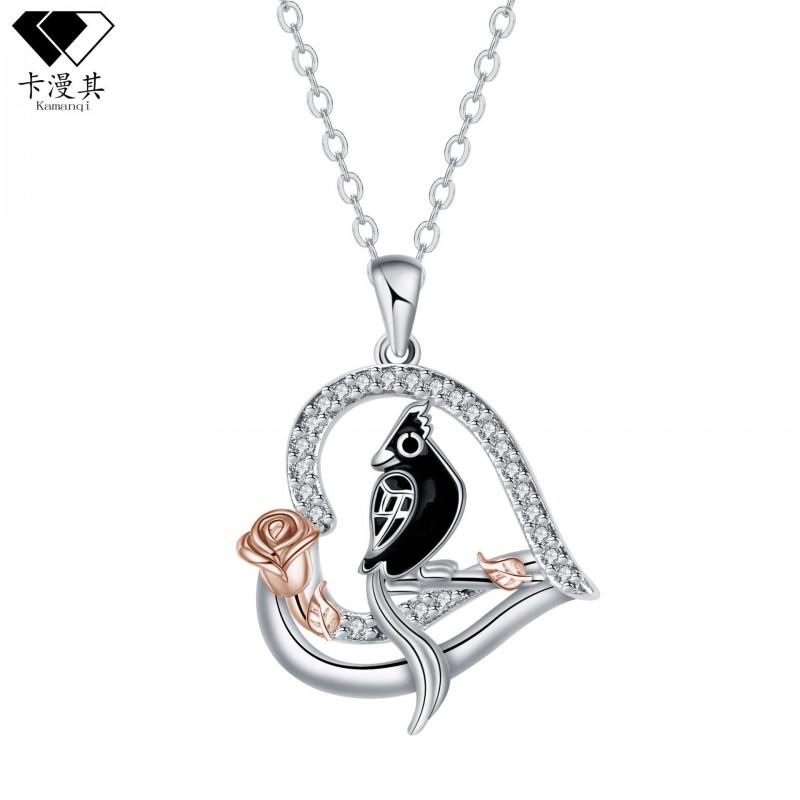 Heart Shape Parrot Pendant Necklace Women Fashionable Copper Charm On Cross Chain Adjustable 41-50cm