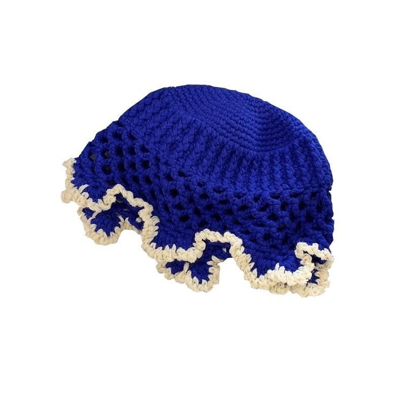 Blue Knitted Wool Cap Women Spring Korean All-match Forest Style Lace Edge Bucket Hat Fashion Big Headband Fisherman Hat