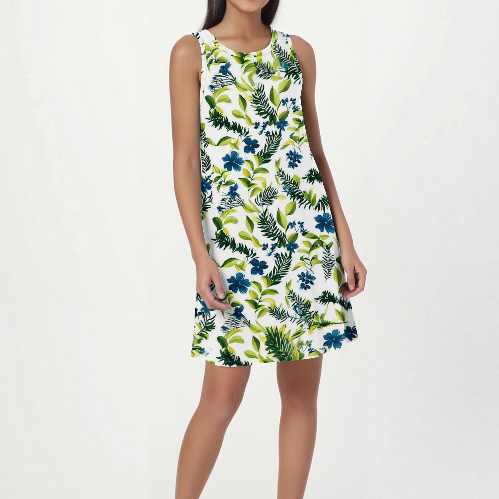 

Women s Fashion Beach Dress Sleeveless Round Neck Floral Print Dress XL жовтий