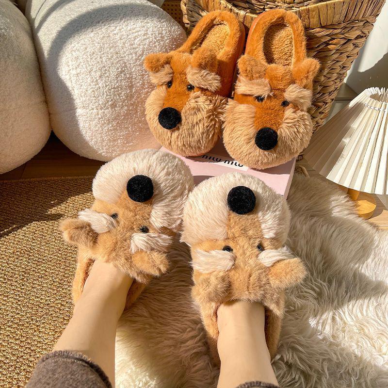 Women's Warm Furry Schnauzer Puppy Slippers - Cute Cartoon Cotton Indoor Footwear for Autumn & Winter